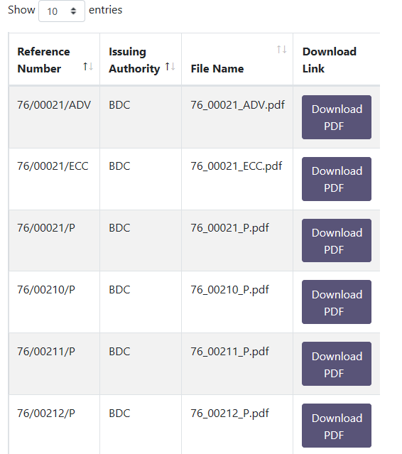 Screenshot of search results list on the Reference Lookup page